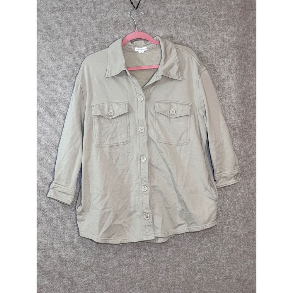Good American Shacket Women 3/4 Khaki Cotton Fleece Shacket Oversized Utility